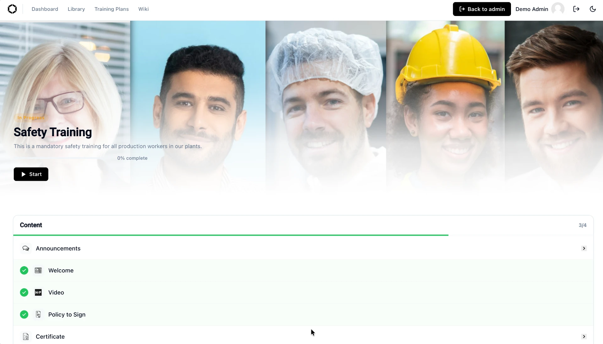 Safety Hub learner page showing safety training content and completion progress