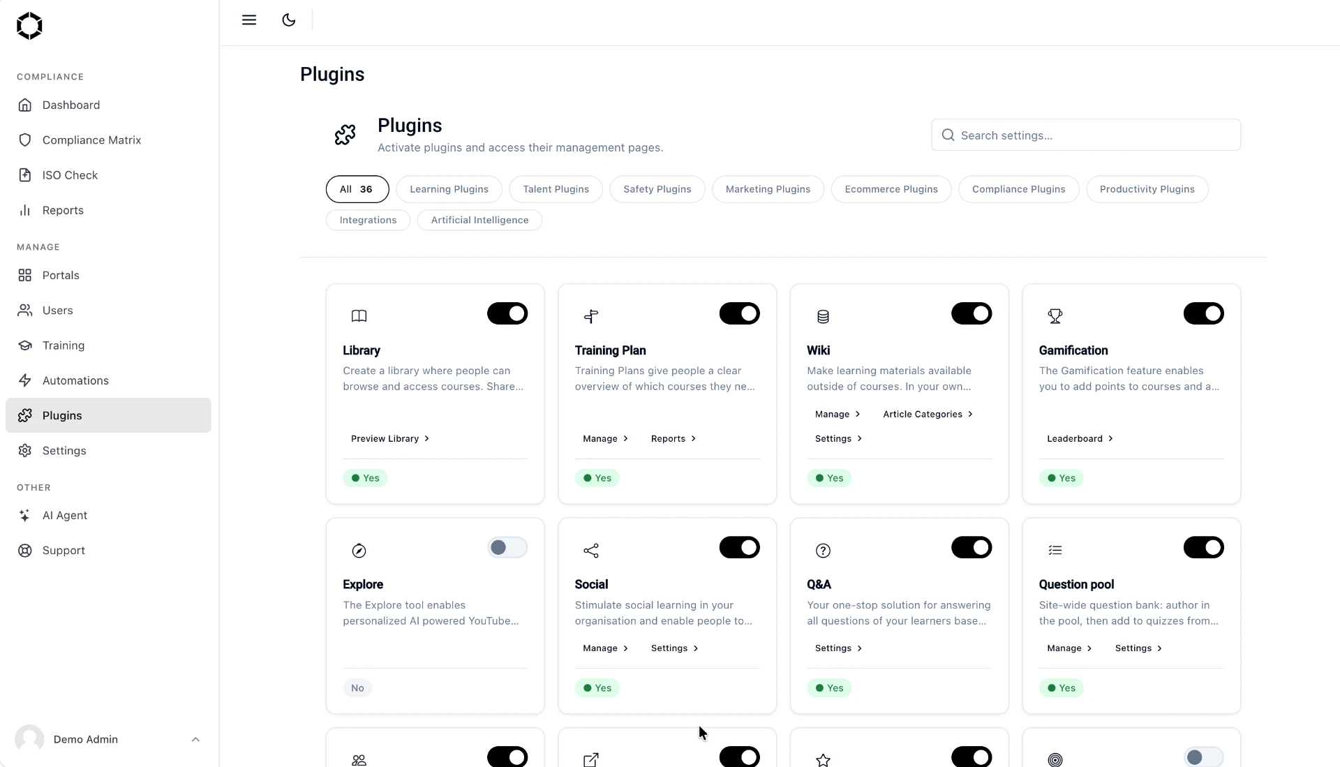 Edloomio platform plugins view with learning, safety, compliance and integration plugins and their activation controls