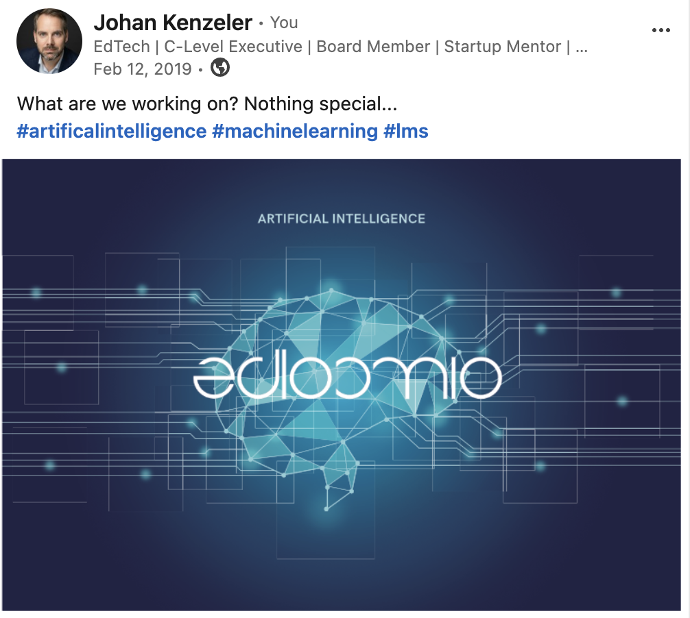 Edloomio's first LinkedIn post from February 2019 about artificial intelligence, machine learning and LMS