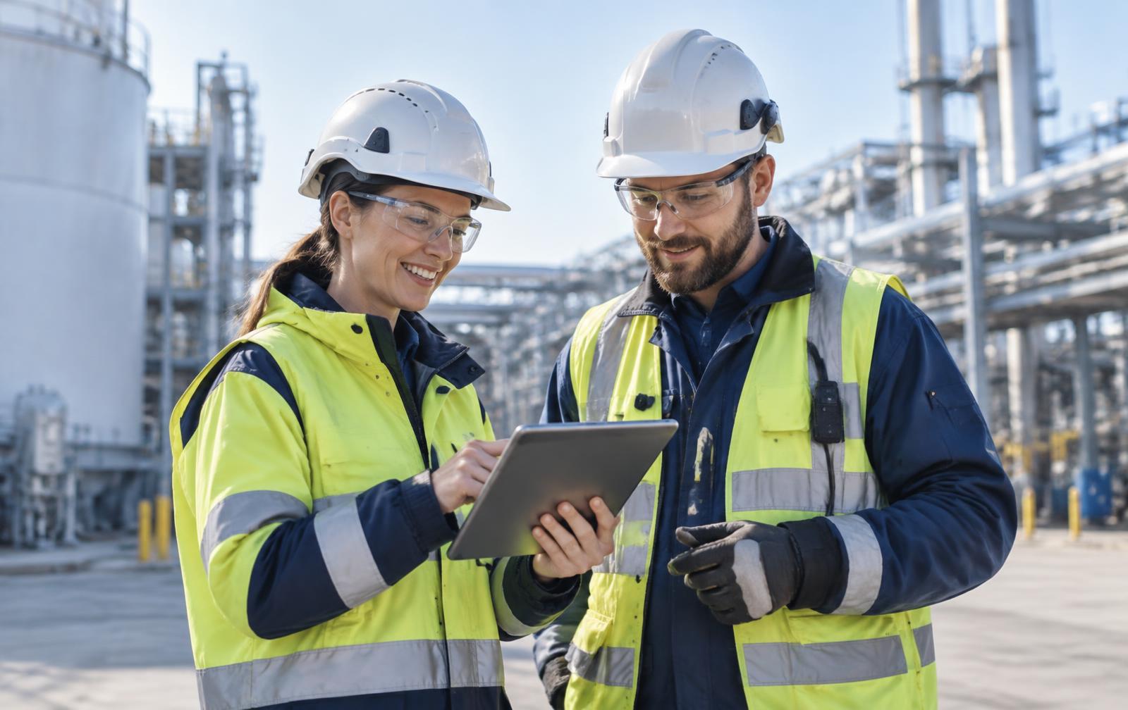 Safety professionals reviewing contractor training at an industrial facility